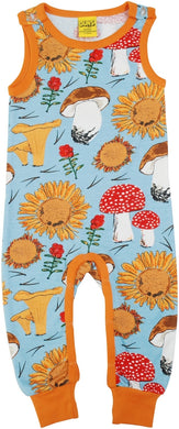 DUNS Sweden - Organic Dungarees - Sunflowers and Mushrooms Sky Blue
